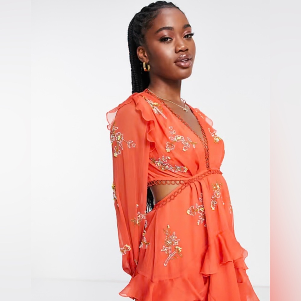 ASOS DESIGN circle trim mini dress with floral embellishment in red